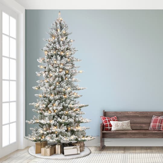 9ft. Pre-Lit Slim Flocked Royal Majestic Artificial Spruce Christmas Tree, Clear Lights